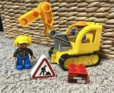 Lego Duplo Construction Vehicle Misc Parts Excavator 2 Workers Men at Work Sign