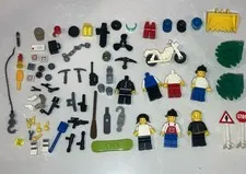 LEGO  Vintage  80s Mixed Minifigures Lot Accessories & Parts Weapons Tools Signs