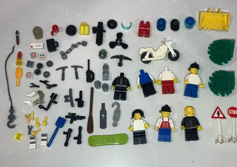 LEGO  Vintage  80s Mixed Minifigures Lot Accessories & Parts Weapons Tools Signs