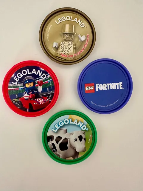 RARE California LEGOLAND Pop Badge Lot of 4 - Mr. Gold , Fortnite, Cow & Driving