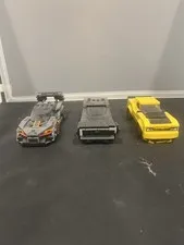 Lego Car Lot: Gray Racer, Black Hauler & Yellow Hellcat