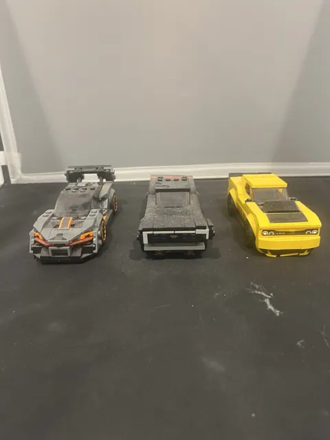 Lego Car Lot: Gray Racer, Black Hauler & Yellow Hellcat
