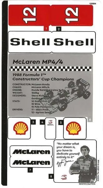 LEGO STICKER SHEET 10330 MCLAREN MP4/4 & Ayrton SENNA from set New