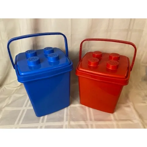 Vintage 1987 LEGO Storage Buckets Red Blue 4 Stud Brick Lids Set of 2 Denmark