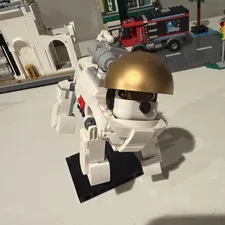 LEGO White Buildable space Dog Figure w/ Gold Helmet on Black Display Stand MOC