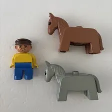 Lego Duplo Horses Brown and Gray and Vintage Man Figure With Cap Blue Yellow