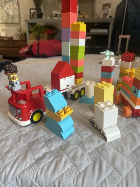 LEGO Duplo Lot of Over 50 Colored Bricks Firetruck, Train Piece, 1 Person