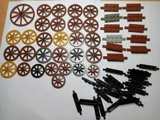 LEGO BULK LOT 29 WAGON WHEELS 27MM 33MM  MIXED SIZES COLORS W HOLDERS