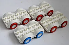 4 Lego Duplo White Vehicle Car Base 2 x 6 Red Blue Tires White Wheels