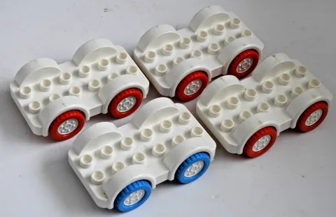 4 Lego Duplo White Vehicle Car Base 2 x 6 Red Blue Tires White Wheels
