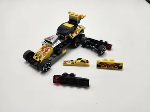 LEGO Yellow Dragster Race Car Vehicle Incomplete Parts Lot Flames V8 Hot Rod