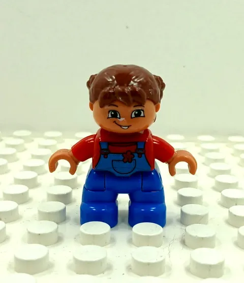 Lego Duplo Figure Kid Girl brown hair red/blue overalls red flower