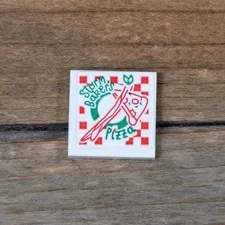 LEGO White Tile 2 x 2 Green Red 'Storm Baker's Pizza' Box Pattern 3068pb2253