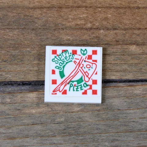 LEGO White Tile 2 x 2 Green Red 'Storm Baker's Pizza' Box Pattern 3068pb2253