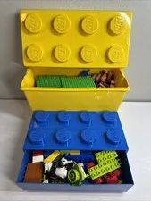 LEGO Brick Box Lot Yellow & Blue Storage Bin w/ Bulk Mixed Bricks & Parts - Look