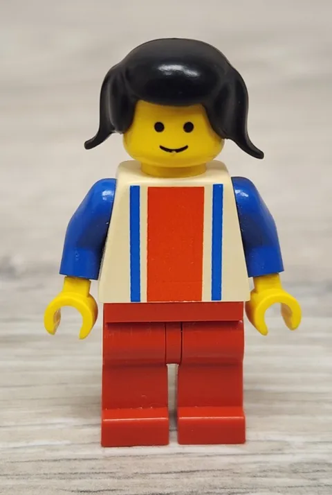 Lego ver010 Red Blue Vertical Lines Blue Arms Red Legs Pigtails Minifigure READ