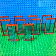 LEGO Redish Brown Window 1 x 4 x 6. Lot Of 10. With 2 Light Blue Doors 8 Windows
