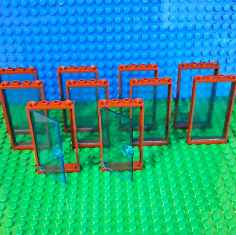 LEGO Redish Brown Window 1 x 4 x 6. Lot Of 10. With 2 Light Blue Doors 8 Windows