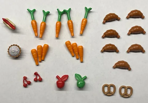 LEGO Food Accessories Lot 31 Pc Carrots Croissants Apples Pretzels Pie Hot Dog