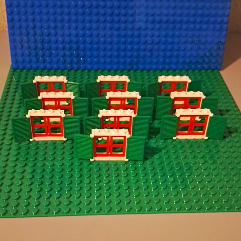 LEGO Window 1x4x3 In White. With Red Panes And Green Shutters. Lot Of 10.