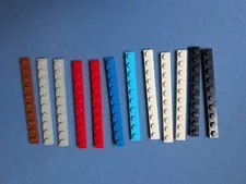 12 LEGO parts, plates 1x10, #4477, brown, gray, red, blue, white, black