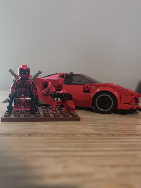 Deadpool custom minifig with retired Ferrari LEGO set
