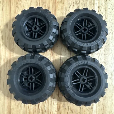 LEGO Lot (4) Off Road Monster Truck Balloon Tires 56x26 Wheels Black Rims