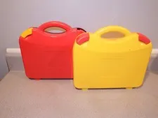 2 LEGO Storage Container Plastic Bins. Red & Yellow Carrying Cases
