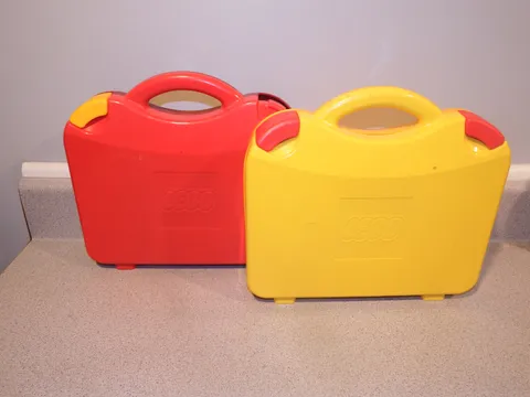 2 LEGO Storage Container Plastic Bins. Red & Yellow Carrying Cases