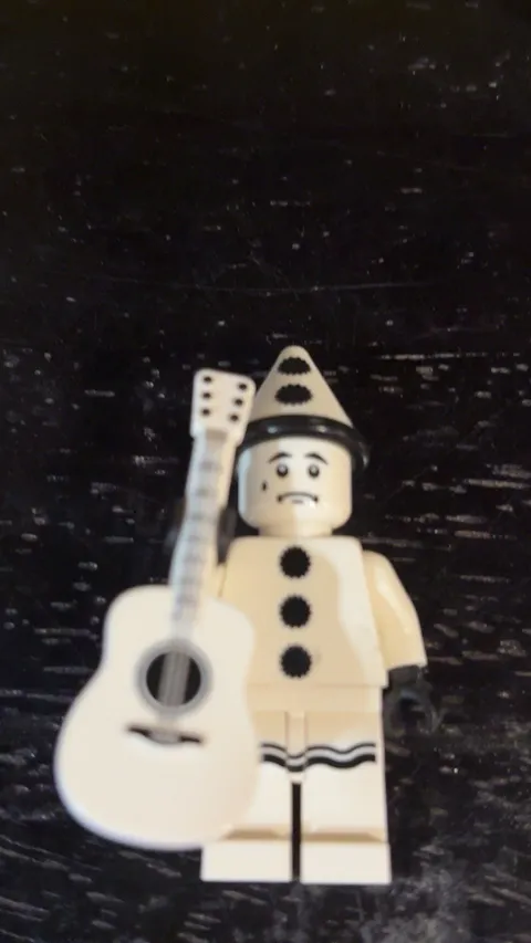 LEGO Minifigure White Clown Pierrot w/ White Hat, Black Hands & Guitar
