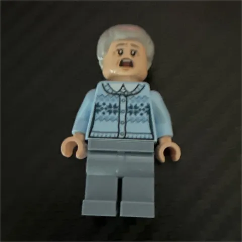 LEGO Elderly Woman Minifigure Light Blue Sweater Gray Legs Gray Hair Bun
