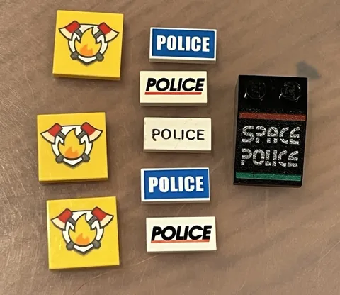 Lego Heroes Police/Fire Printed Tiles 1x2, 2x2, and 2x3 Slope Space Police