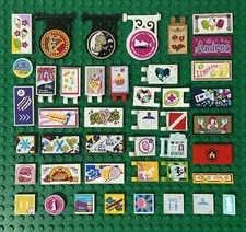 LEGO City/Friends Lot of 43 Printed & Sticker Tiles: Signs, Placards, Billboards