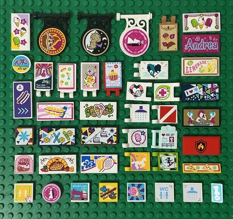LEGO City/Friends Lot of 43 Printed & Sticker Tiles: Signs, Placards, Billboards