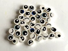LEGO White 1X1 Round Printed Tiles: Assorted Eyes / Eyelash Patterns - Lot of 39