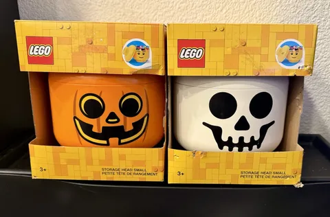 Lego Halloween SMALL Storage Heads White Skeleton  & Orange Pumpkin New!