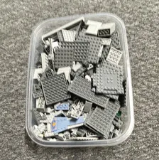 LEGO Bulk Lot Gray Plates & Assorted Bricks/Pieces in Plastic Container