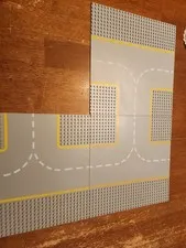 LEGO 32x32 Gray Yellow Road Printed Baseplate Curved Corner Intersection 3 Lot