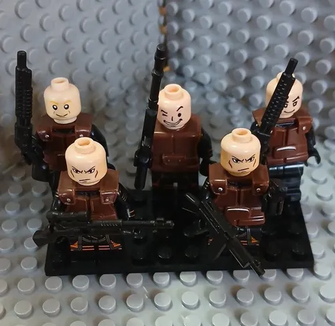 LEGO (5) Minifigure Lot - Bald Brown Armor/Torsos w/ Weapons Accessories Custom