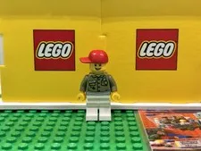 LEGO Minifigure Shop Clerk Chef Vendor Olive Green Shirt Smiley Pin Red Cap