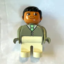 LEGO Minifigure Male with Black Hair Gray Suit Jacket Green Tie White Legs