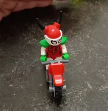 LEGO Plastic Minifigure w/ Red Motorcycle Bike Vehicle, Red Horned Helmet