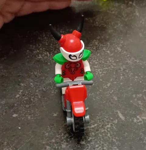 LEGO Plastic Minifigure w/ Red Motorcycle Bike Vehicle, Red Horned Helmet