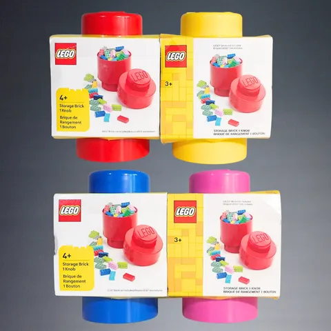 4pc 2024 LEGO STUD ROUND STORAGE BRICK KNOBS RED, YELLOW, BLUE+PINK NEW IN PACK