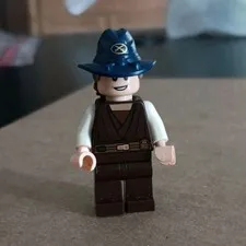 LEGO Minifigure Brown Outfit with Dark Blue Wide-Brim Hat & Gray Hair