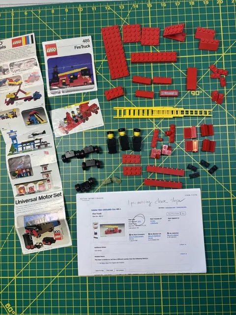 LEGO LEGOLAND: Fire Truck (485), Vintage 1976, partial instruct.  one pc missing