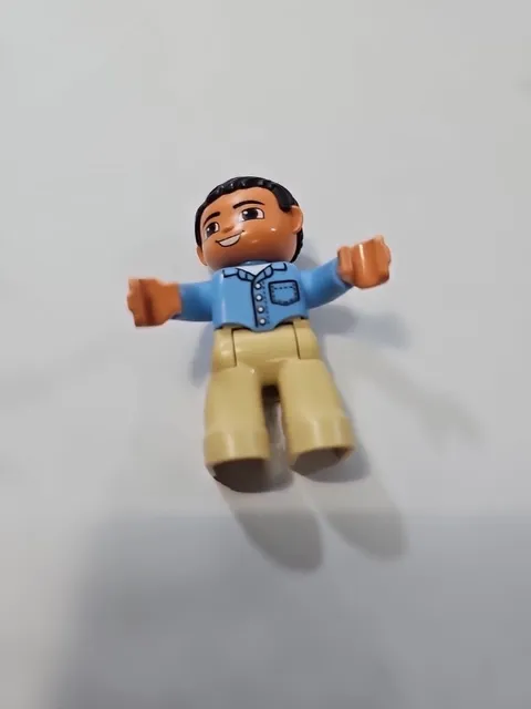 Lego Duplo Man Figure Blue Beige Dad Boy Black Hair Sleeves Guy Office Worker