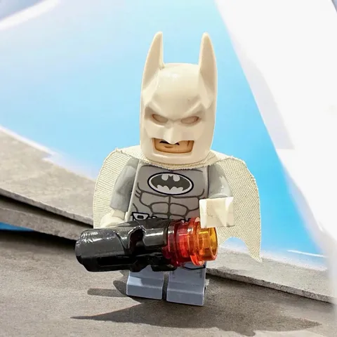 LEGO Batman Minifigure White Cowl, Cloth Cape, Gray Suit, Blaster Accessory
