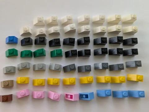 59 LEGO pieces parts, 45 degree slope, 2x1, #3040, assorted colors
