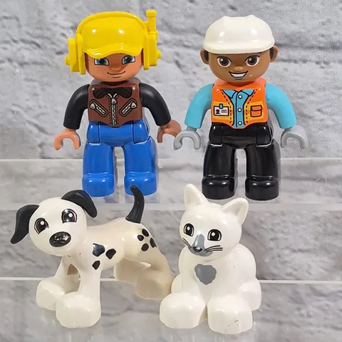 Lego Duplo Figures Lot Of 4 Men Workers Dalmatian Dog Kitty Cat